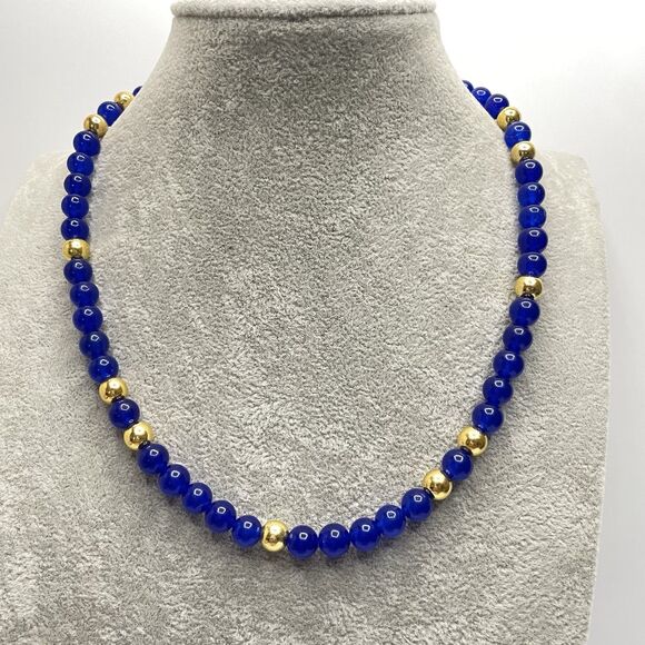 Earth mined Blue India Gemstone Beaded Gold Tone Necklace Elegant Statement - Picture 1 of 8